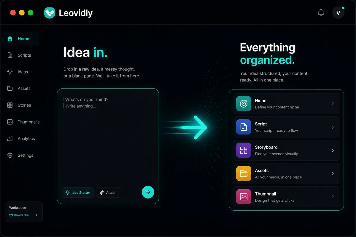 Leovidly Pro home screen: a raw idea on the left becomes an organized project on the right, with steps for niche, script, storyboard, assets and thumbnail